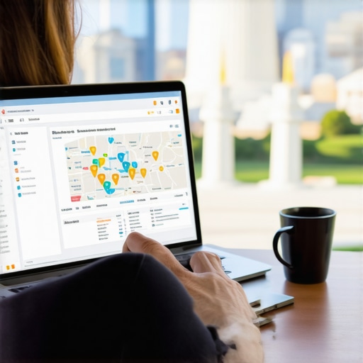 Analyzing Local SEO Data in Washington D.C. Person analyzing SEO data on a laptop with Washington D.C. landmarks.