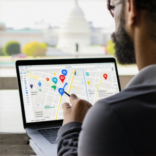 Digital marketing strategist reviewing Google Maps insights with iconic Washington DC landmarks in background.