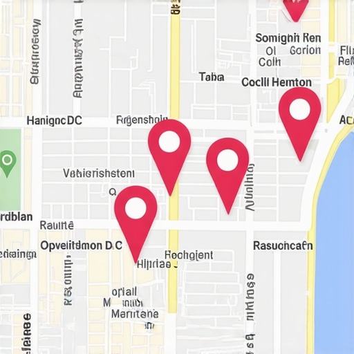 Google Maps interface showing local businesses in Washington DC with optimization indicators.