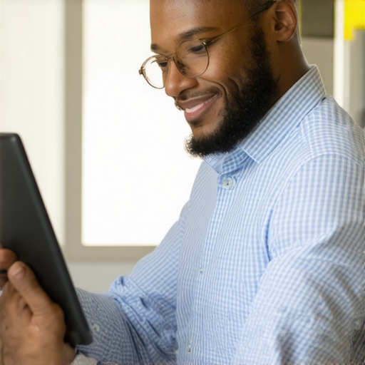 Optimizing Google My Business in Washington D.C. Business owner working on Google My Business profile with Washington D.C. landmarks in background
