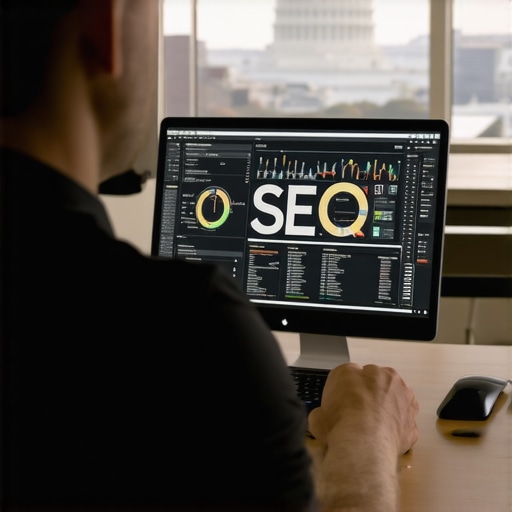 Business owner analyzing SEO data with Washington DC landmarks