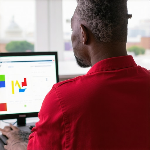 Business owner reviewing local SEO metrics with Washington DC landmarks in background