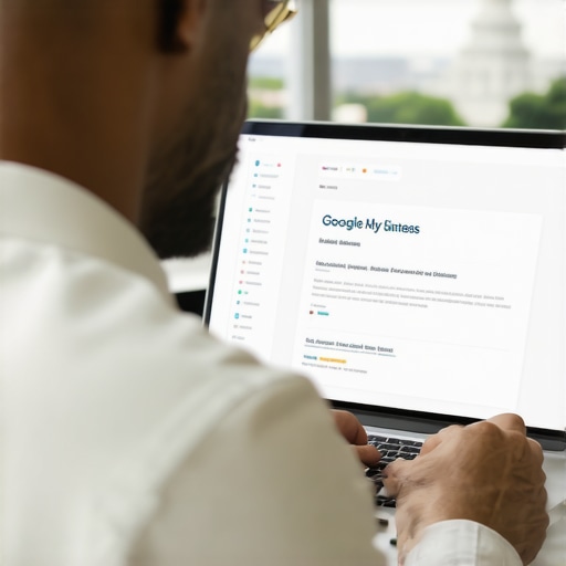 Boosting DC Business Visibility via GMB Optimization Business owner optimizing Google My Business profile with DC landmarks in background.