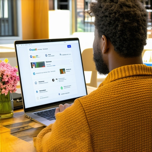 Business owner updating Google My Business profile on a computer with Washington D.C. storefront in background.