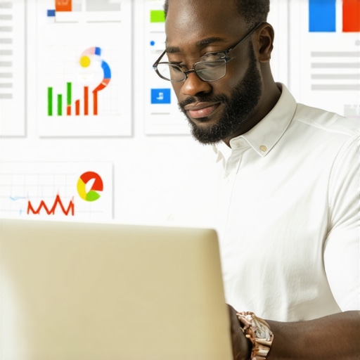 Business owner editing Google My Business profile on laptop with SEO tools.