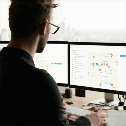 A person analyzing SEO data on screens with a Washington DC skyline in the background