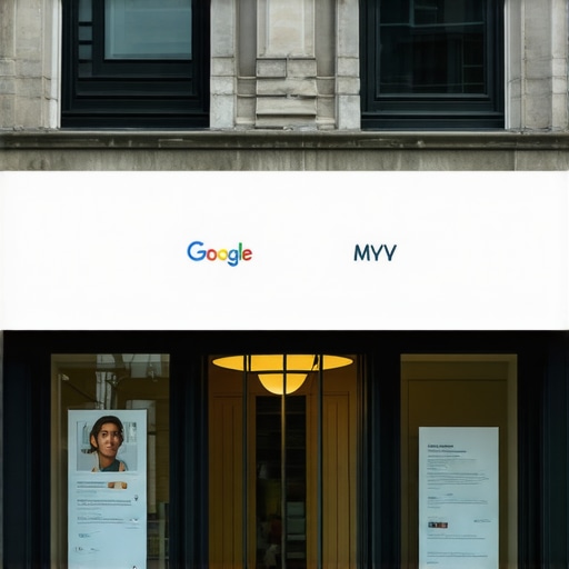 An illustrative image showing a busy Washington DC storefront with marketing graphics highlighting local SEO efforts.