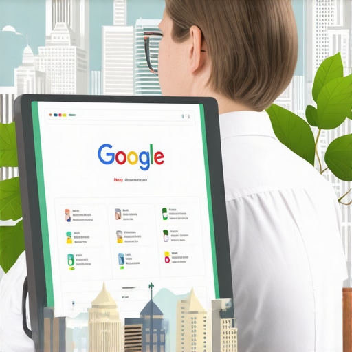 Business owner updating Google My Business profile with DC landmarks in the background.