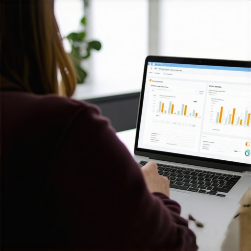 Person analyzing local SEO metrics on a computer monitor with local citation data and review scores