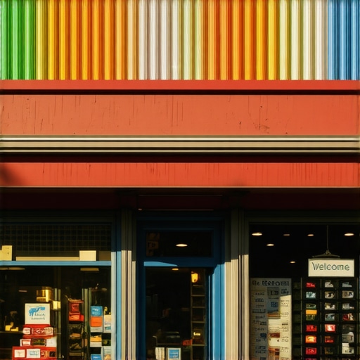 Close-up of a busy Washington DC storefront with colorful signage and customer activity
