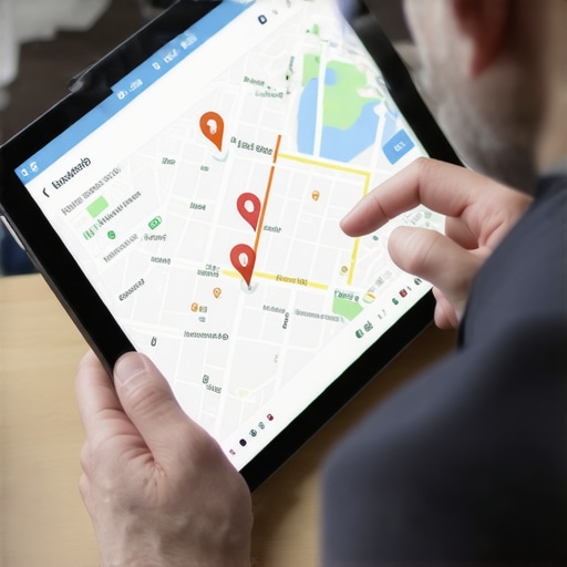 Business owner reviewing local SEO analytics with Google Maps on a tablet.
