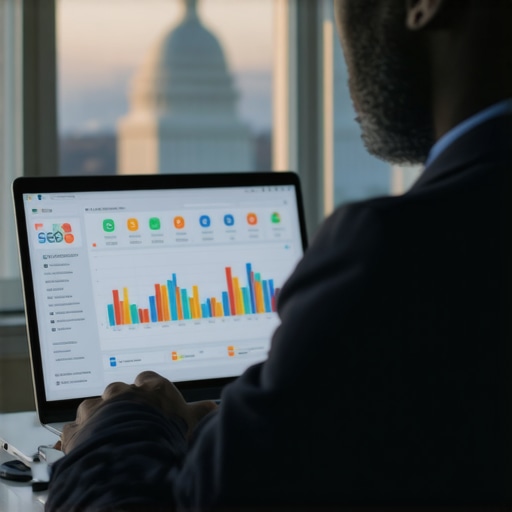 Business owner reviewing local SEO dashboards with Washington DC skyline outside the window