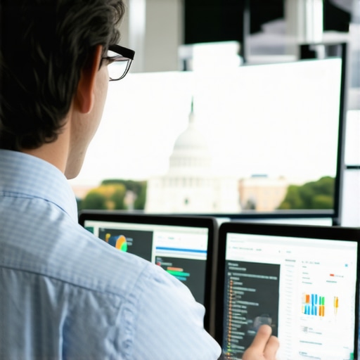 A person analyzing local SEO metrics on computers with Washington DC landmarks in the background.
