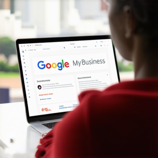 Person updating Google My Business profile with Washington DC landmarks in background.