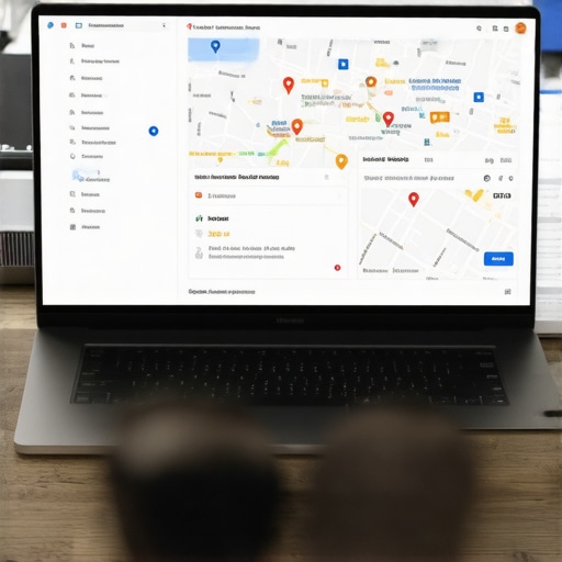Optimizing Google My Business Profile in D.C. Business owner updating Google My Business profile on laptop, with Washington, D.C.'s map in the background.