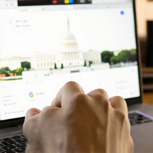 Person updating Google My Business profile on laptop with Washington DC landmarks.