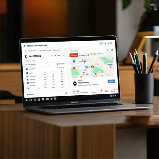 Laptop showing local SEO analytics tools BrightLocal and Podium on the screen, indicating ongoing profile maintenance for Washington DC businesses.