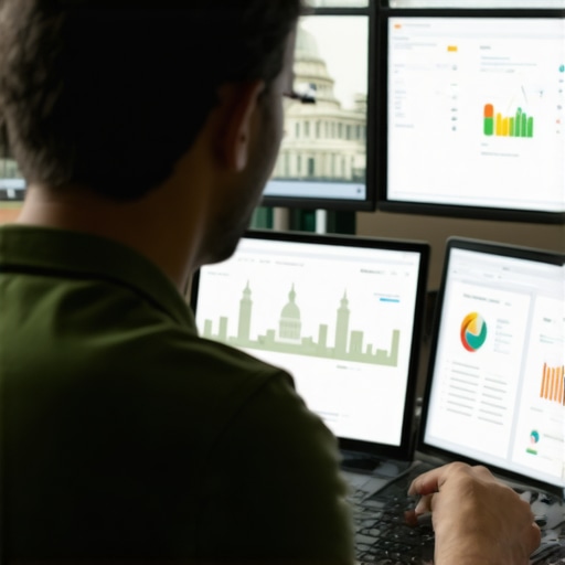 A person reviewing SEO analytics on screens with Washington DC skyline in background.