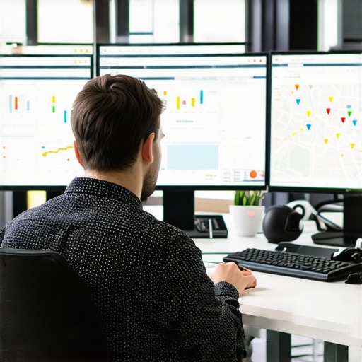 SEO analyst analyzing Google Maps performance on multiple screens.