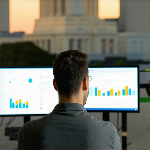 Business owner reviewing local SEO analytics on computer screens with Washington DC landmarks in the background.