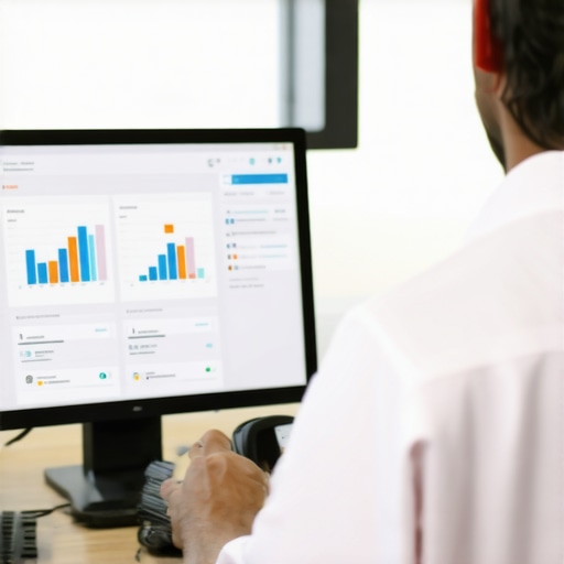 Local SEO Tools in Action A person analyzing local SEO metrics on a computer screen with charts and dashboards in a Washington DC office environment