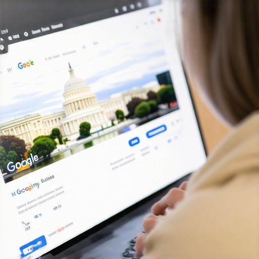 Person editing Google My Business profile on laptop with Washington D.C. landmarks visible.