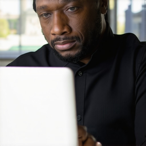 Business owner analyzing citation listings on laptop with Washington DC skyline visible