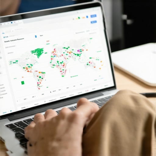 Business team discussing local SEO strategies using a laptop with maps and charts.