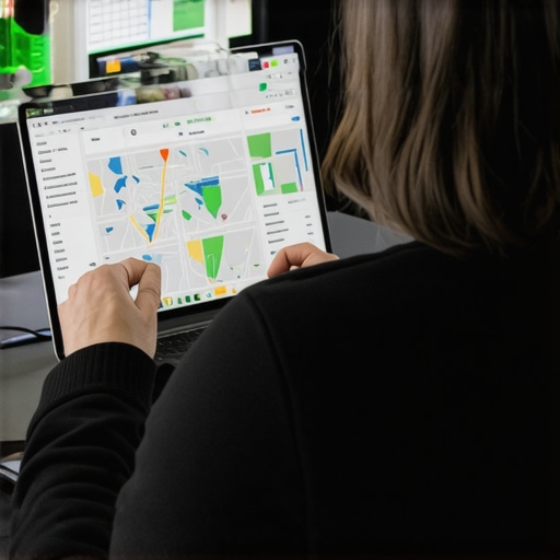 Business owner reviewing SEO analytics and maps on a laptop in a Washington DC cafe