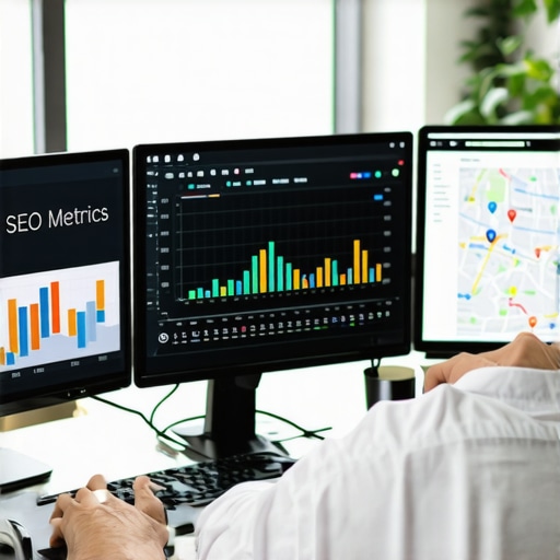 Person analyzing local SEO data on multiple screens in an office setting