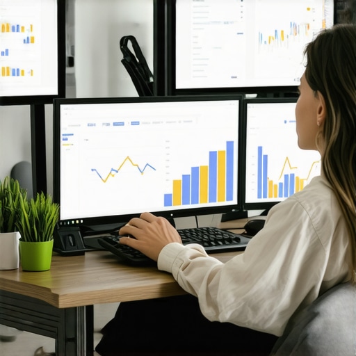Digital SEO Management Workspace Person analyzing SEO data on a computer screen filled with graphs and charts