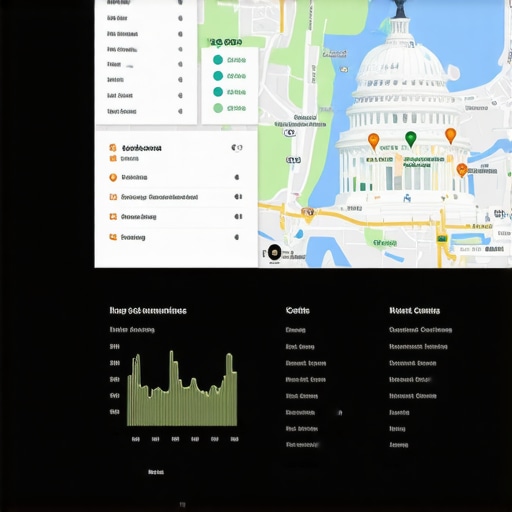 Screenshot of a local SEO analytics dashboard showing rankings, citations, and review metrics over a map of Washington DC.