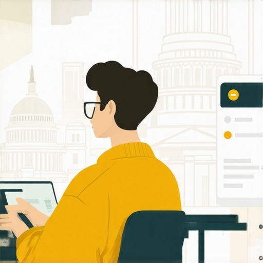 Person updating Google My Business profile with Washington DC landmarks in background.