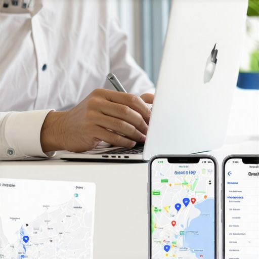 A digital marketer analyzing local SEO tools on a laptop with Washington DC maps in the background.