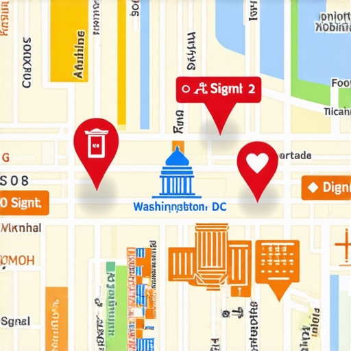 Illustration of Washington DC map with focus on business locations and SEO markers.