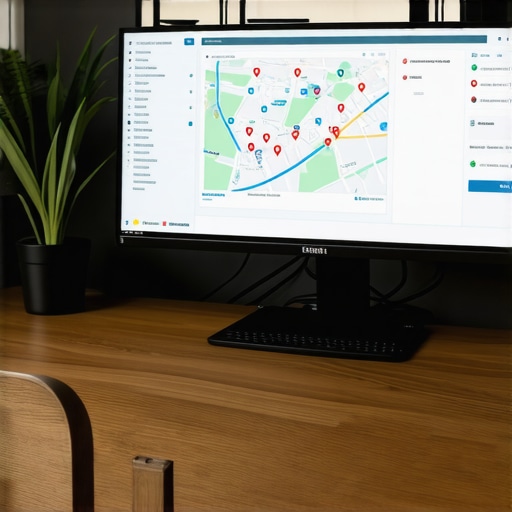 Dashboard with Local SEO Tools Person analyzing local SEO metrics on multiple monitors, focusing on Google Maps rankings and citation management.